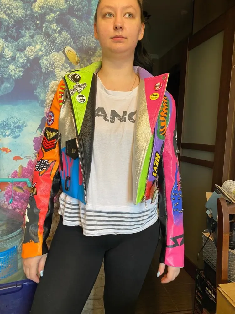 3xl women and men rivet beading pu leather jacket hit color streetstyle Graffiti outerwear letters printed leather jackets