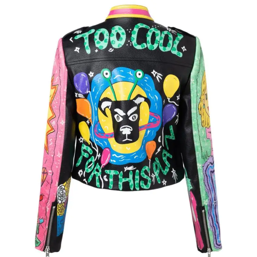 3xl women and men rivet beading pu leather jacket hit color streetstyle Graffiti outerwear letters printed leather jackets