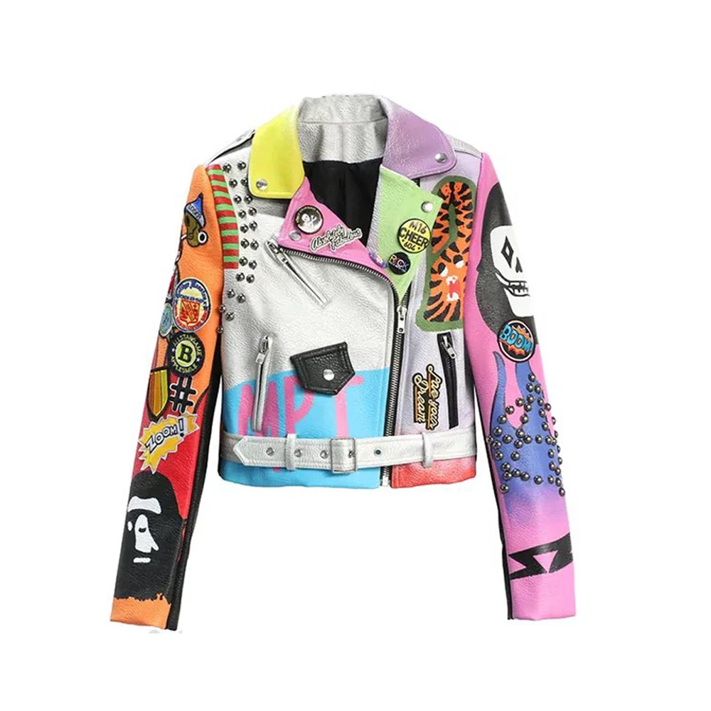3xl women and men rivet beading pu leather jacket hit color streetstyle Graffiti outerwear letters printed leather jackets