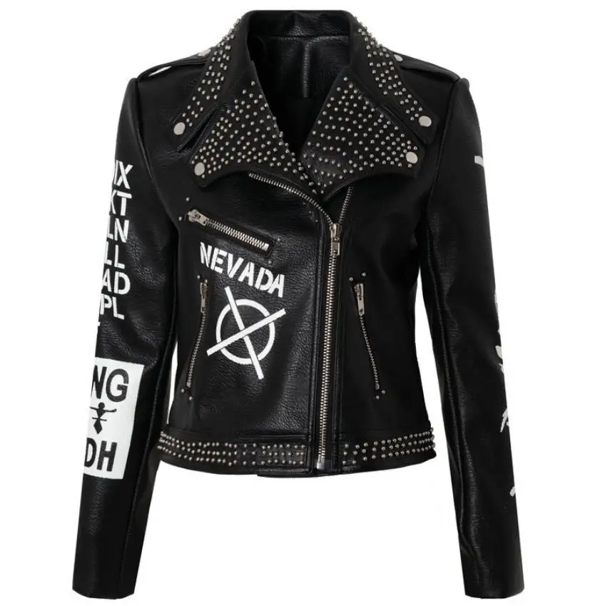 3xl women and men rivet beading pu leather jacket hit color streetstyle Graffiti outerwear letters printed leather jackets