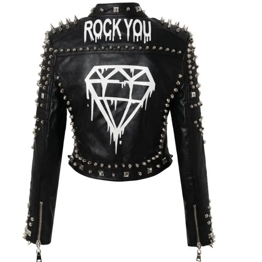 3xl women and men rivet beading pu leather jacket hit color streetstyle Graffiti outerwear letters printed leather jackets