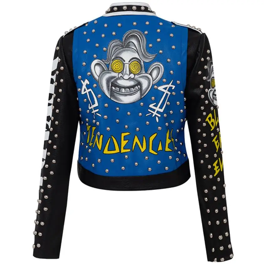 3xl women and men rivet beading pu leather jacket hit color streetstyle Graffiti outerwear letters printed leather jackets