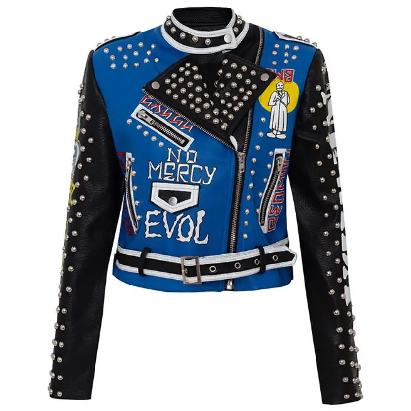 3xl women and men rivet beading pu leather jacket hit color streetstyle Graffiti outerwear letters printed leather jackets