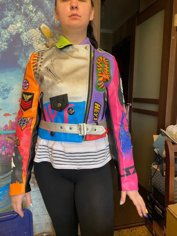 3xl women and men rivet beading pu leather jacket hit color streetstyle Graffiti outerwear letters printed leather jackets