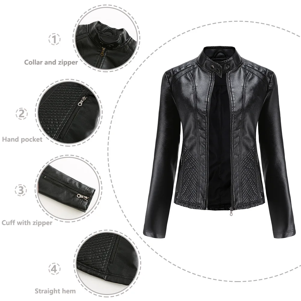 Leather Jacket Women New Spring Autumn Jackets Ladies Motorcycle Large Size Stand Collar PU Leather Jacket Female Outerwear 3XL