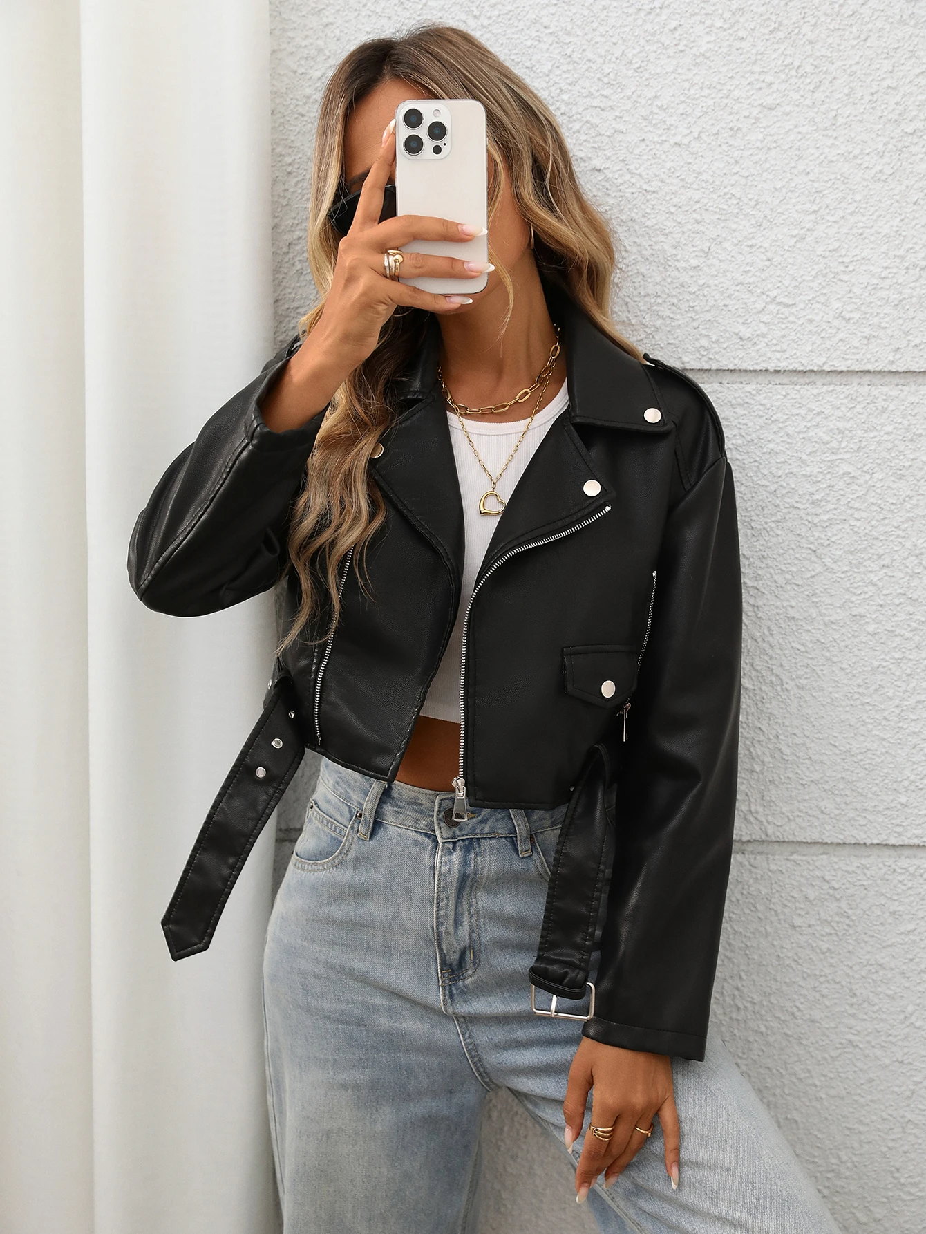 Women Faux Leather Cropped Jacket Lapel Zipper Biker Short Bomber Moto Coat with Belt
