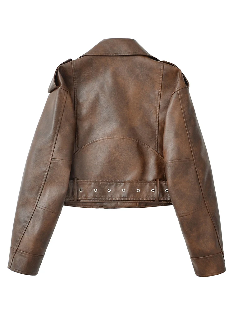 Ailegogo New Spring Autumn Women Vintage Loose Belt Zipper Faux Leather Jacket Streetwear Retro Female Coat Moto Biker Outwear