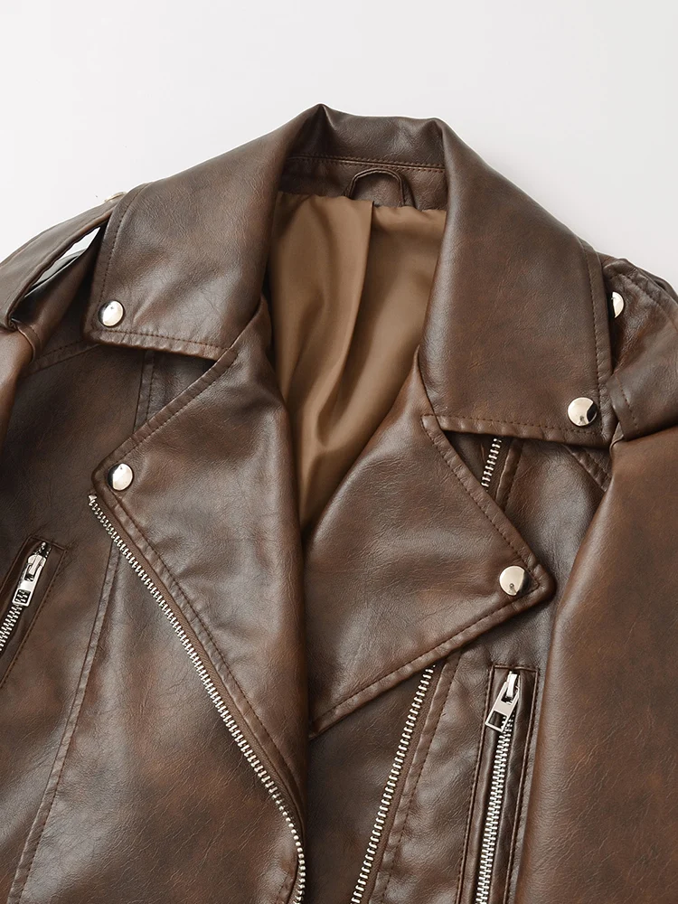 Ailegogo New Spring Autumn Women Vintage Loose Belt Zipper Faux Leather Jacket Streetwear Retro Female Coat Moto Biker Outwear