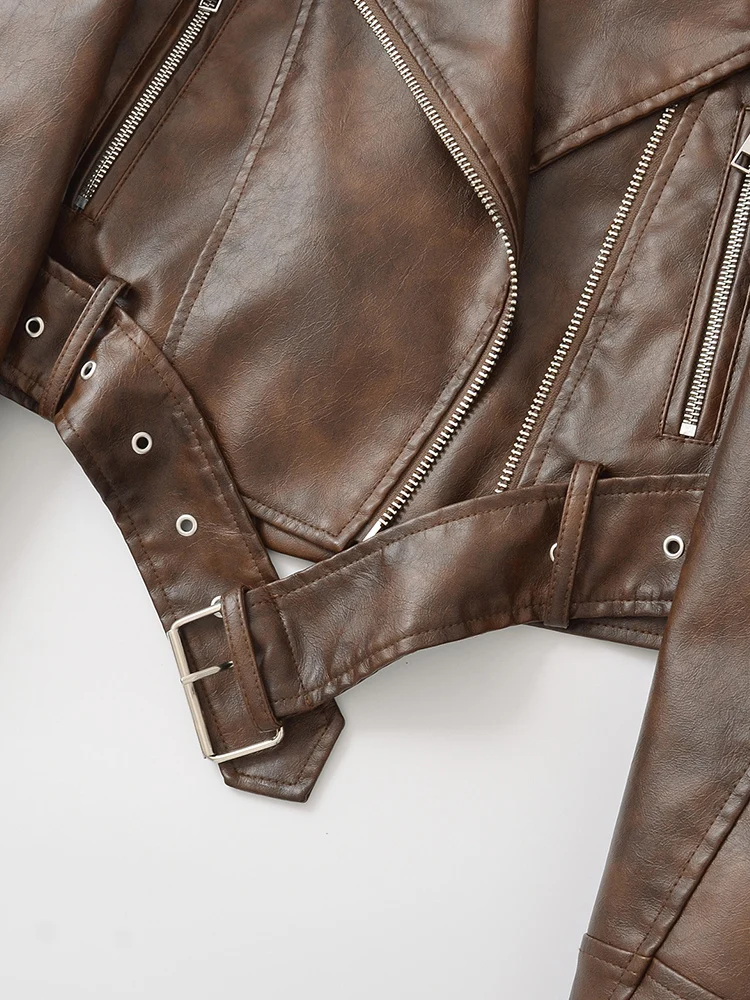 Ailegogo New Spring Autumn Women Vintage Loose Belt Zipper Faux Leather Jacket Streetwear Retro Female Coat Moto Biker Outwear