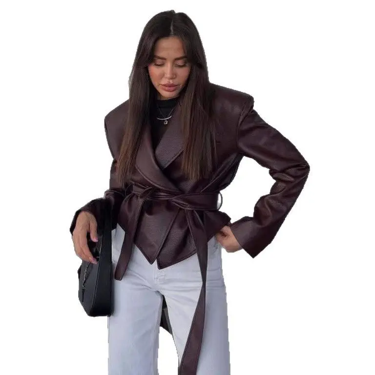 Autumn Winter Women'S Clothing Motorcycle Cool Strap Temperament Leather Jacket 2025 New Women With Belt Biker Jacket Women Coat