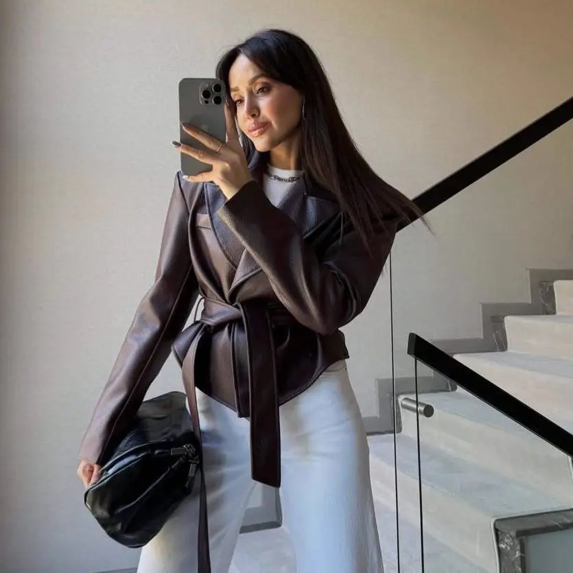 Autumn Winter Women'S Clothing Motorcycle Cool Strap Temperament Leather Jacket 2025 New Women With Belt Biker Jacket Women Coat
