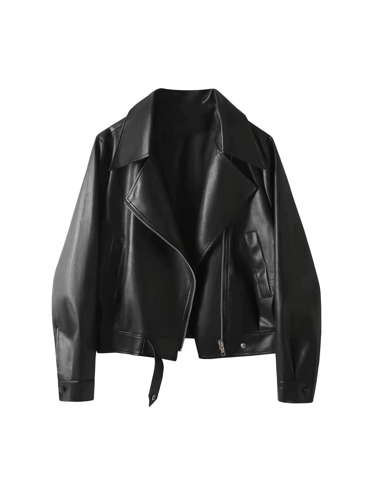 New Cropped Leather Jacket Women Notch Collar Asymmetric Zip Zip Pockets Oversize Solid Street Spring Fall Trendy