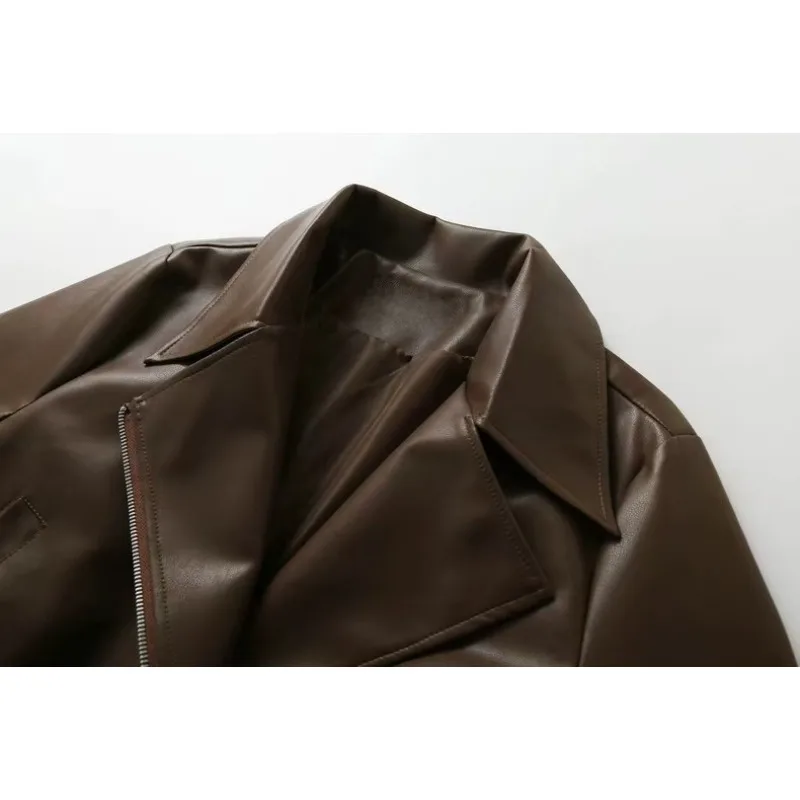 New Cropped Leather Jacket Women Notch Collar Asymmetric Zip Zip Pockets Oversize Solid Street Spring Fall Trendy