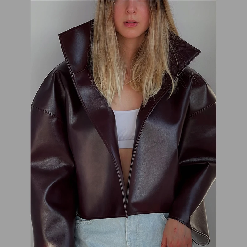 Fashion Faux Leather Jacket Women Solid Stand Neck Full Sleeve Loose Cropped Coats Lady New Causal Chic Autumn Outwear 2026