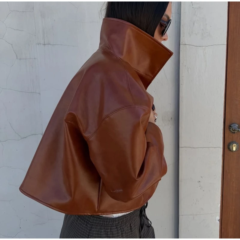 Fashion Faux Leather Jacket Women Solid Stand Neck Full Sleeve Loose Cropped Coats Lady New Causal Chic Autumn Outwear 2026