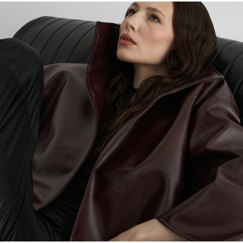Fashion Faux Leather Jacket Women Solid Stand Neck Full Sleeve Loose Cropped Coats Lady New Causal Chic Autumn Outwear 2026