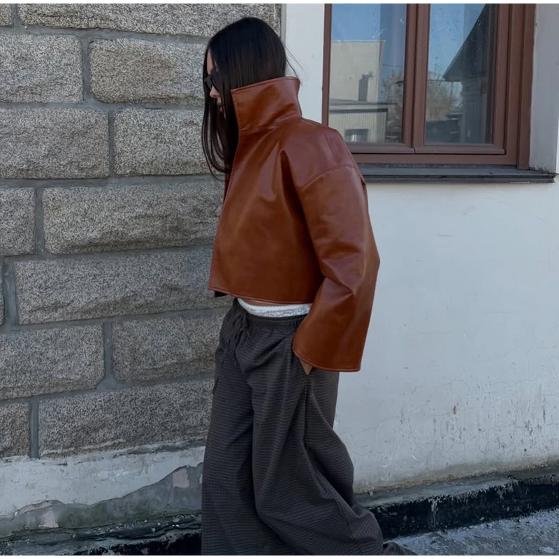 Fashion Faux Leather Jacket Women Solid Stand Neck Full Sleeve Loose Cropped Coats Lady New Causal Chic Autumn Outwear 2026