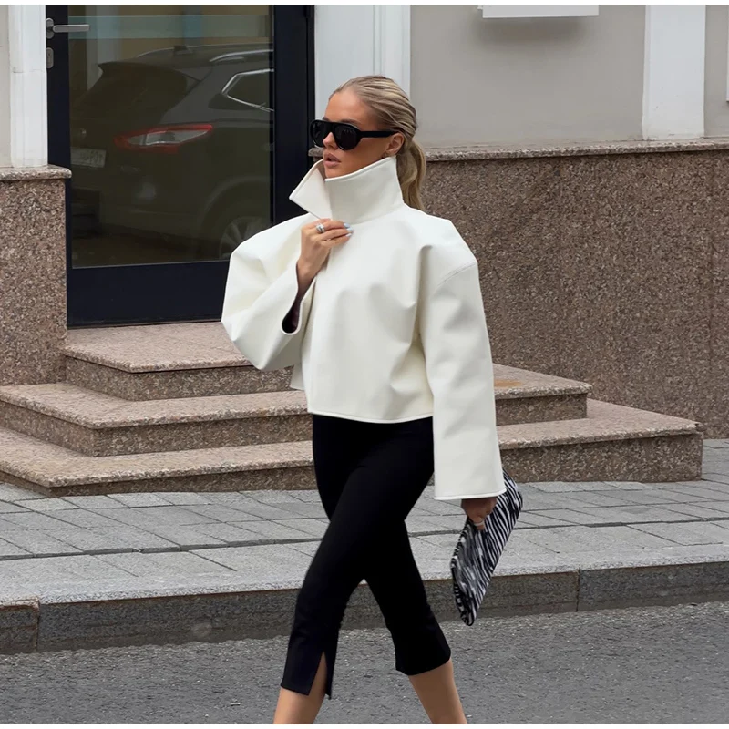 Fashion Faux Leather Jacket Women Solid Stand Neck Full Sleeve Loose Cropped Coats Lady New Causal Chic Autumn Outwear 2026