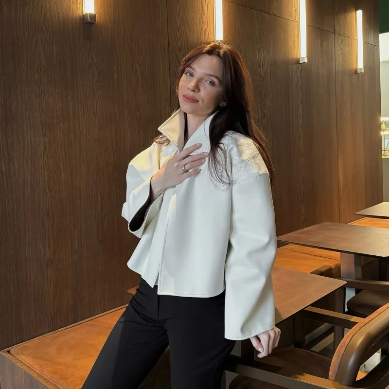 Fashion Faux Leather Jacket Women Solid Stand Neck Full Sleeve Loose Cropped Coats Lady New Causal Chic Autumn Outwear 2026