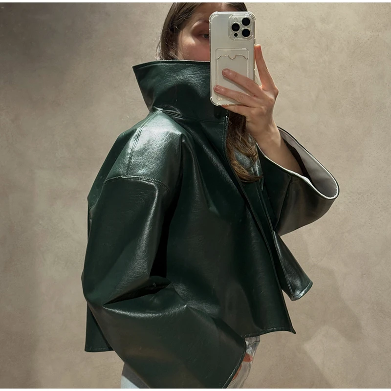 Fashion Faux Leather Jacket Women Solid Stand Neck Full Sleeve Loose Cropped Coats Lady New Causal Chic Autumn Outwear 2026