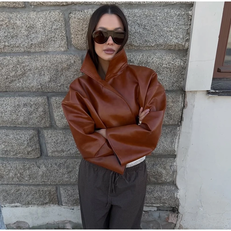 Fashion Faux Leather Jacket Women Solid Stand Neck Full Sleeve Loose Cropped Coats Lady New Causal Chic Autumn Outwear 2026
