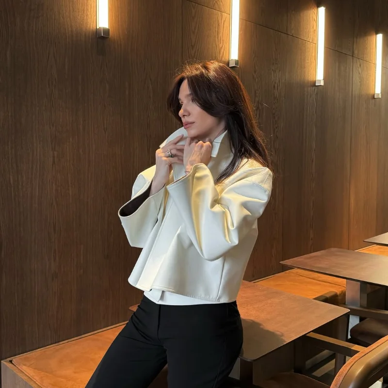 Fashion Faux Leather Jacket Women Solid Stand Neck Full Sleeve Loose Cropped Coats Lady New Causal Chic Autumn Outwear 2026