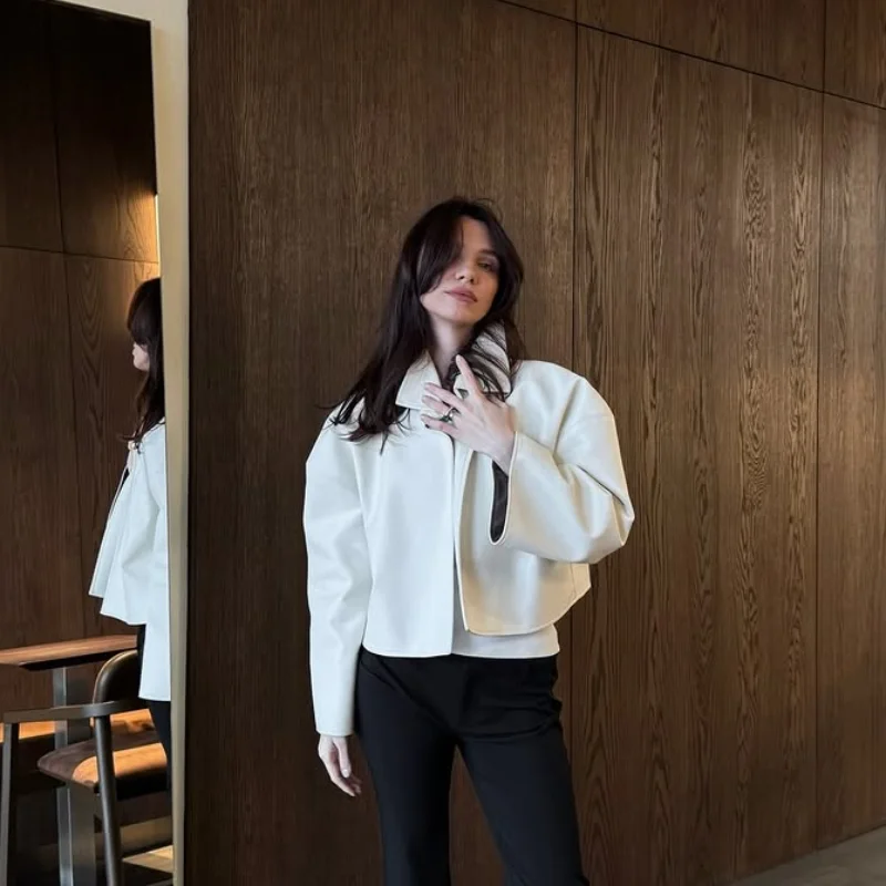 Fashion Faux Leather Jacket Women Solid Stand Neck Full Sleeve Loose Cropped Coats Lady New Causal Chic Autumn Outwear 2026