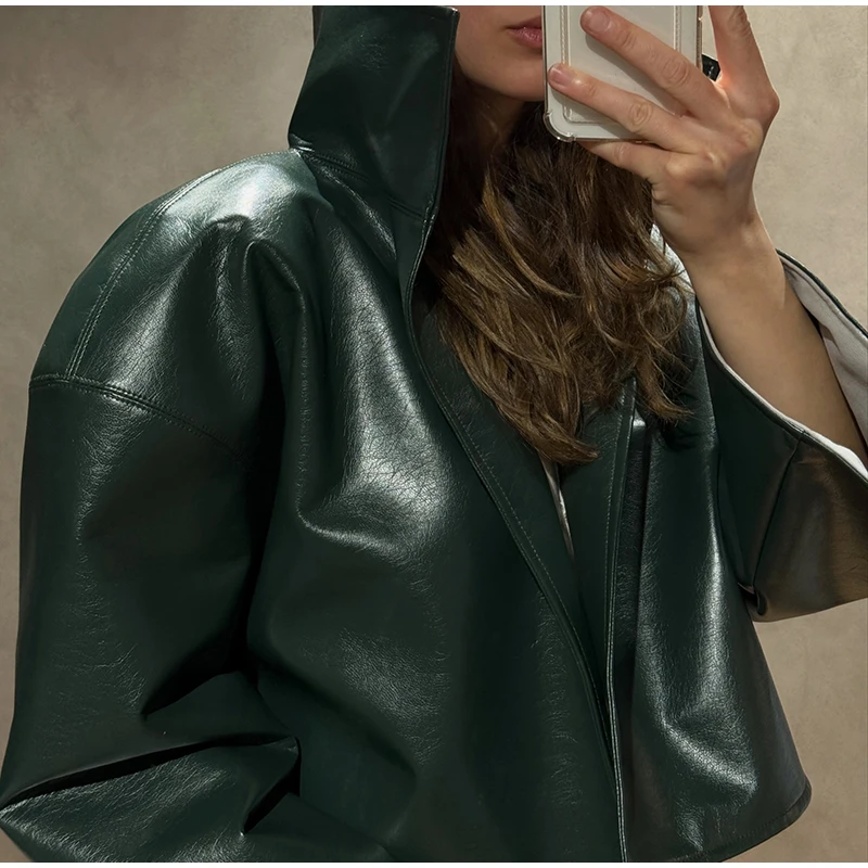 Fashion Faux Leather Jacket Women Solid Stand Neck Full Sleeve Loose Cropped Coats Lady New Causal Chic Autumn Outwear 2026