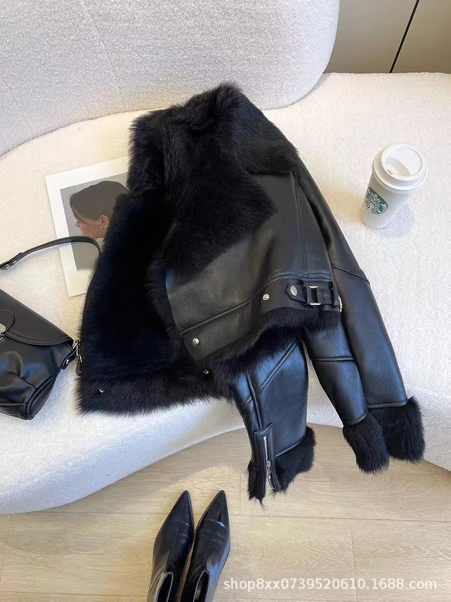 Faux PU Leather Coats Women Fur Collar Coat Thick Warm Short Jackets Spring Streetwear Button Open Stitch Jacket Autumn Winter