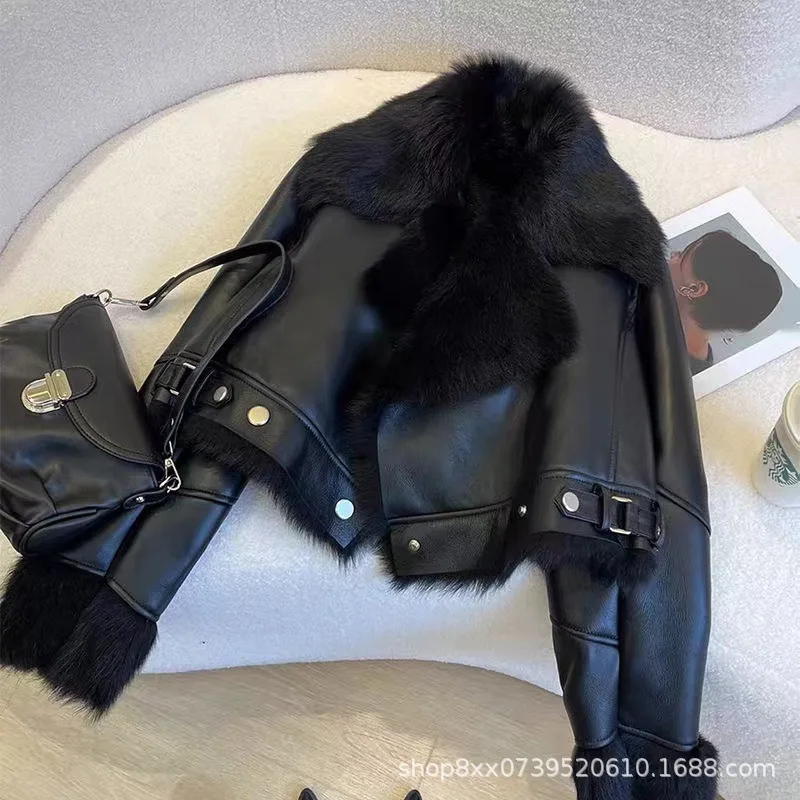 Faux PU Leather Coats Women Fur Collar Coat Thick Warm Short Jackets Spring Streetwear Button Open Stitch Jacket Autumn Winter