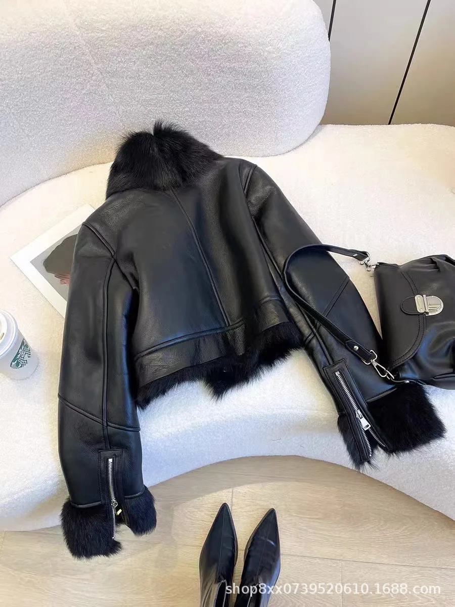 Faux PU Leather Coats Women Fur Collar Coat Thick Warm Short Jackets Spring Streetwear Button Open Stitch Jacket Autumn Winter