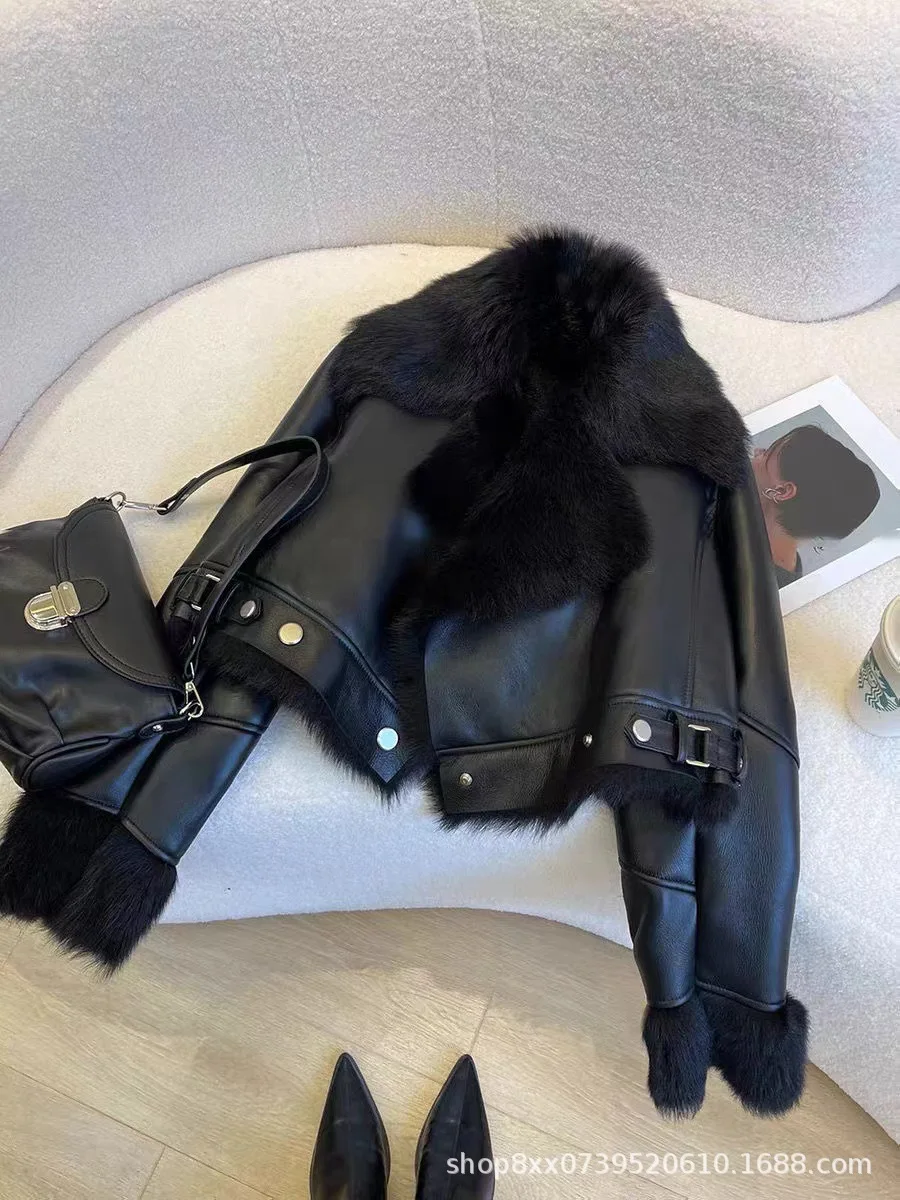 Faux PU Leather Coats Women Fur Collar Coat Thick Warm Short Jackets Spring Streetwear Button Open Stitch Jacket Autumn Winter