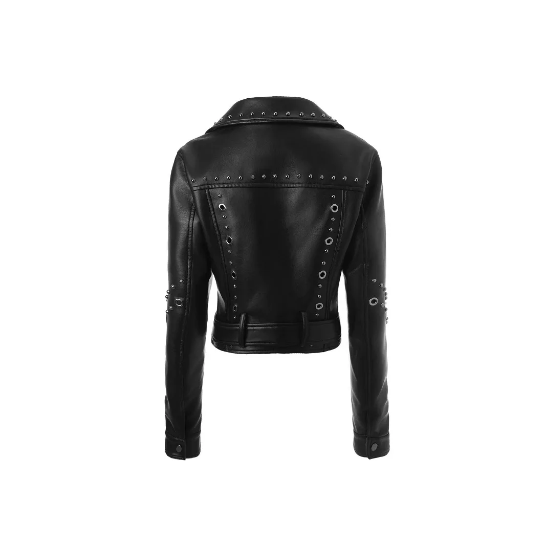 Autumn and Winter Women's short Black tops Popular PU Slim Fit Lapel Motorcycle Jacket Punk Rock Short Zippered Leather Jacket