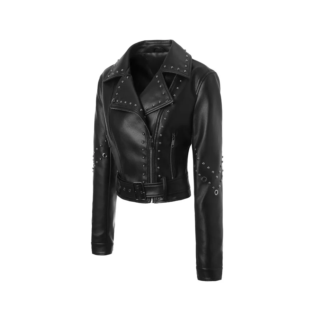Autumn and Winter Women's short Black tops Popular PU Slim Fit Lapel Motorcycle Jacket Punk Rock Short Zippered Leather Jacket