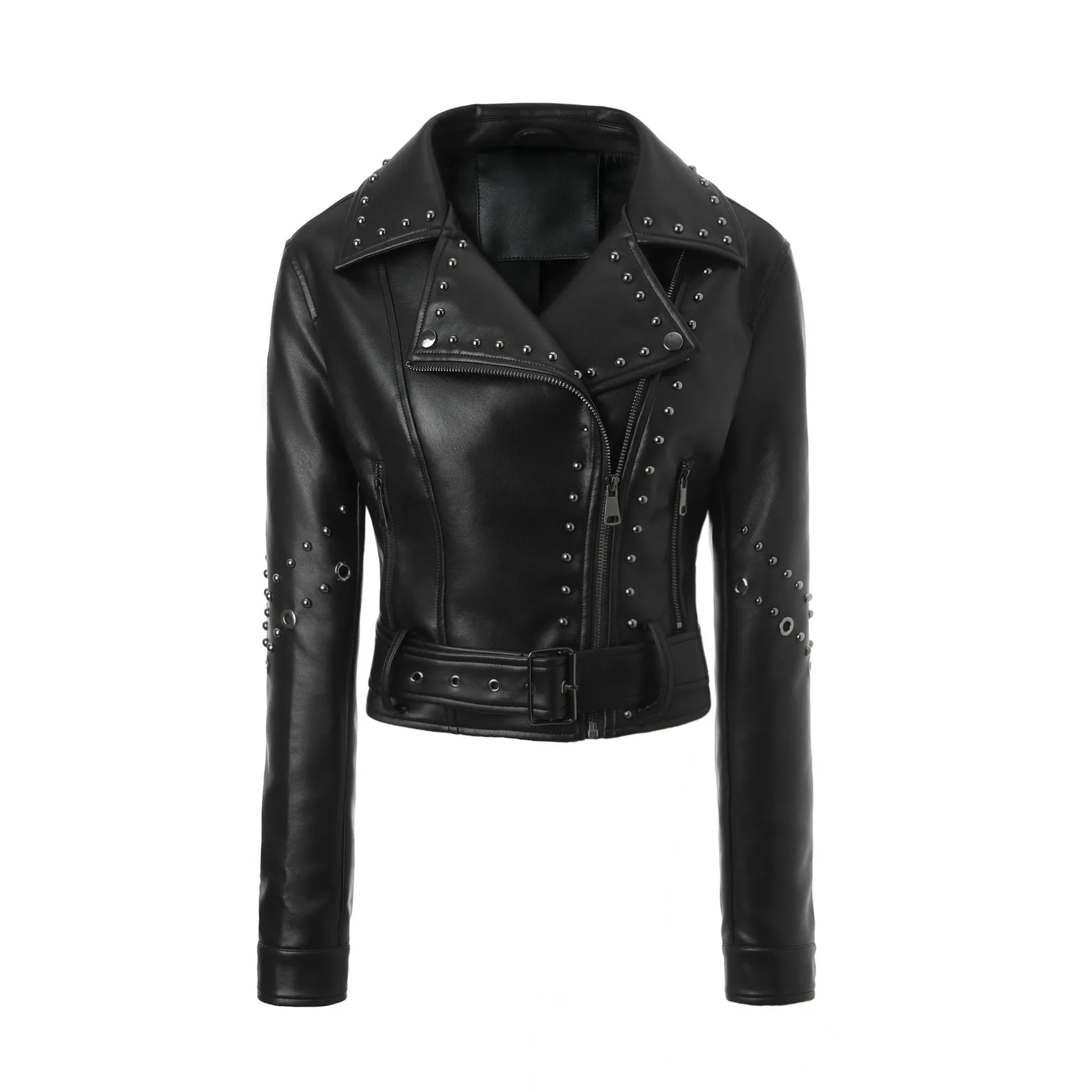 Autumn and Winter Women's short Black tops Popular PU Slim Fit Lapel Motorcycle Jacket Punk Rock Short Zippered Leather Jacket
