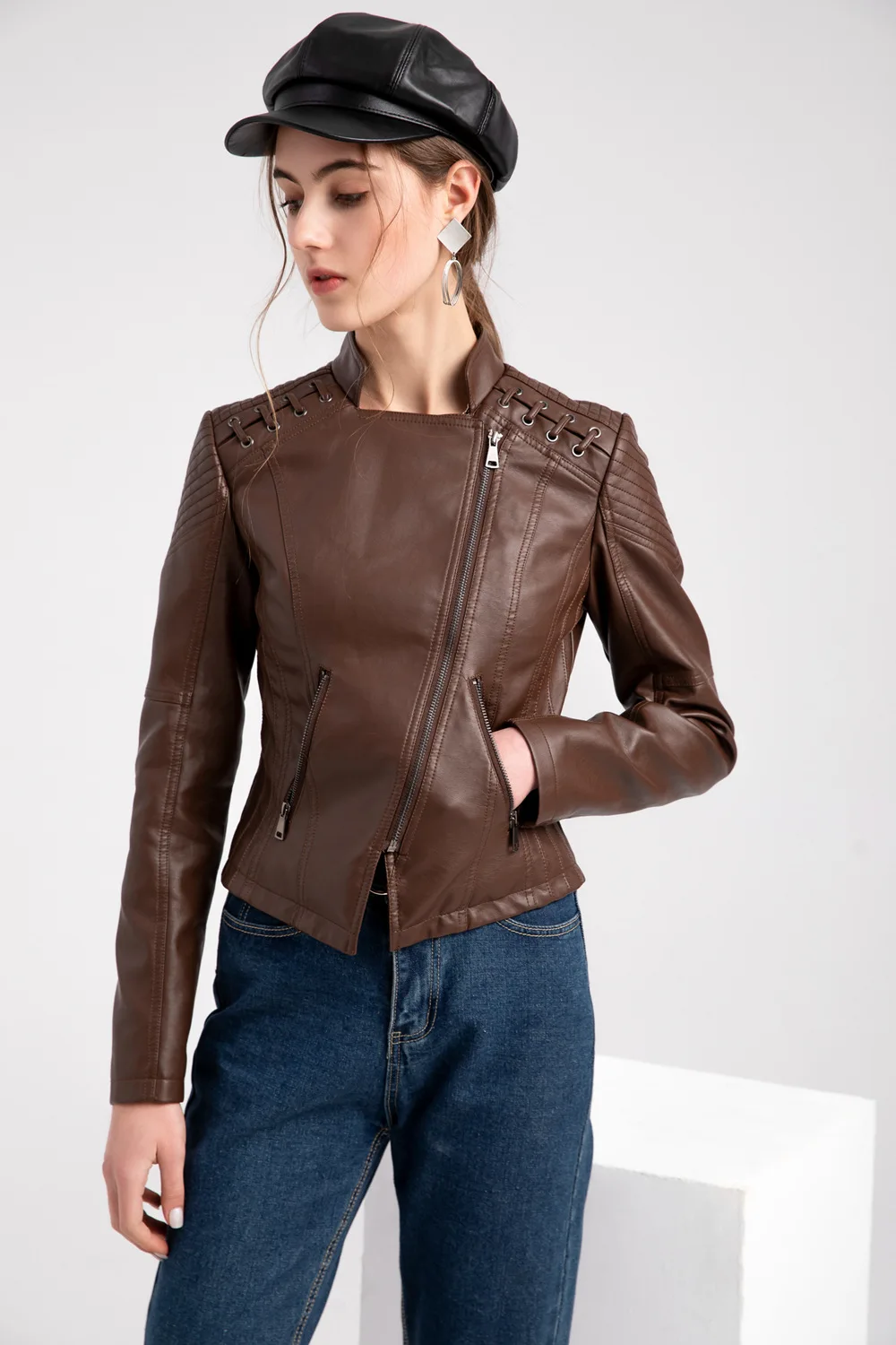 2023Spring Autumn Ladies Motorcycle Leather Jackets Women Turn-down Collar Zipper Slim Black Moto & Biker Jacket Female Leather