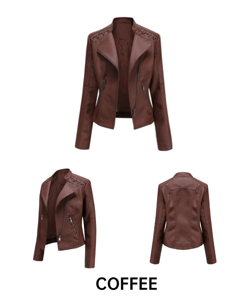 2023Spring Autumn Ladies Motorcycle Leather Jackets Women Turn-down Collar Zipper Slim Black Moto & Biker Jacket Female Leather