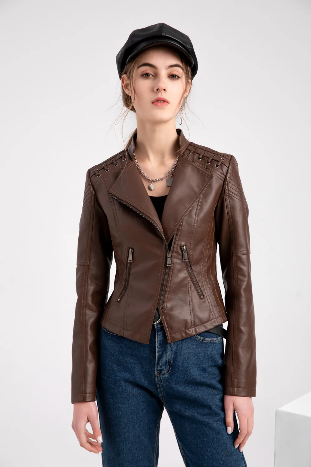 2023Spring Autumn Ladies Motorcycle Leather Jackets Women Turn-down Collar Zipper Slim Black Moto & Biker Jacket Female Leather
