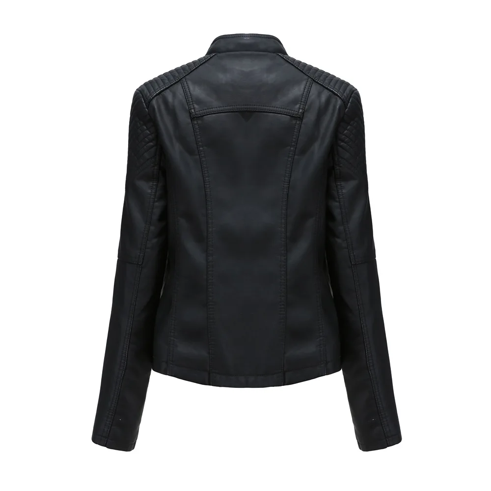 2023Spring Autumn Ladies Motorcycle Leather Jackets Women Turn-down Collar Zipper Slim Black Moto & Biker Jacket Female Leather
