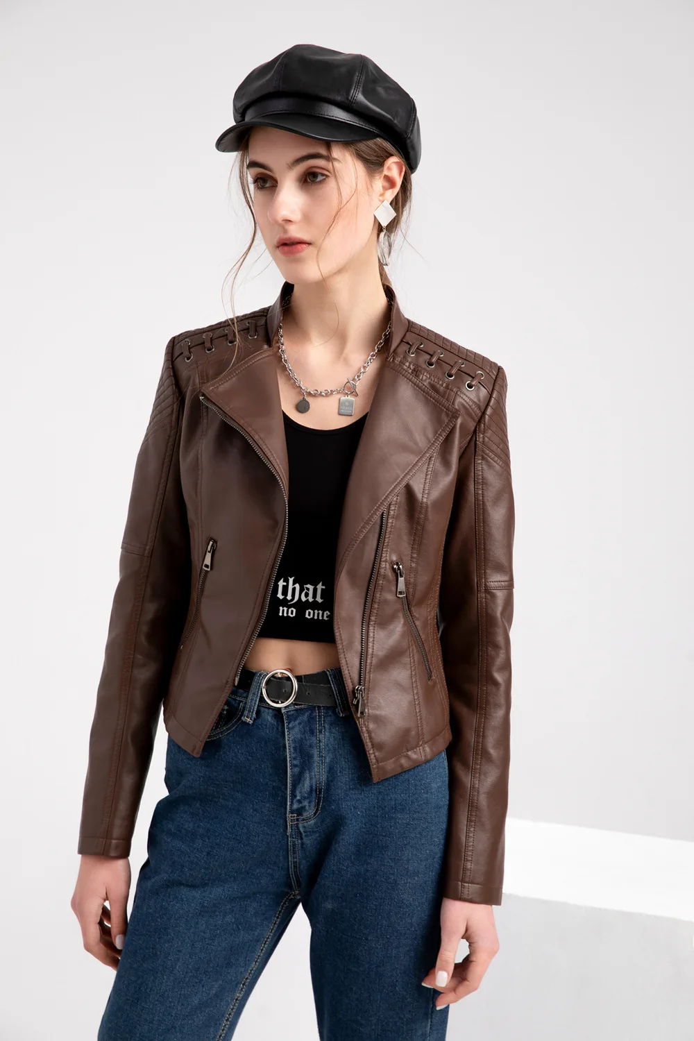 2023Spring Autumn Ladies Motorcycle Leather Jackets Women Turn-down Collar Zipper Slim Black Moto & Biker Jacket Female Leather