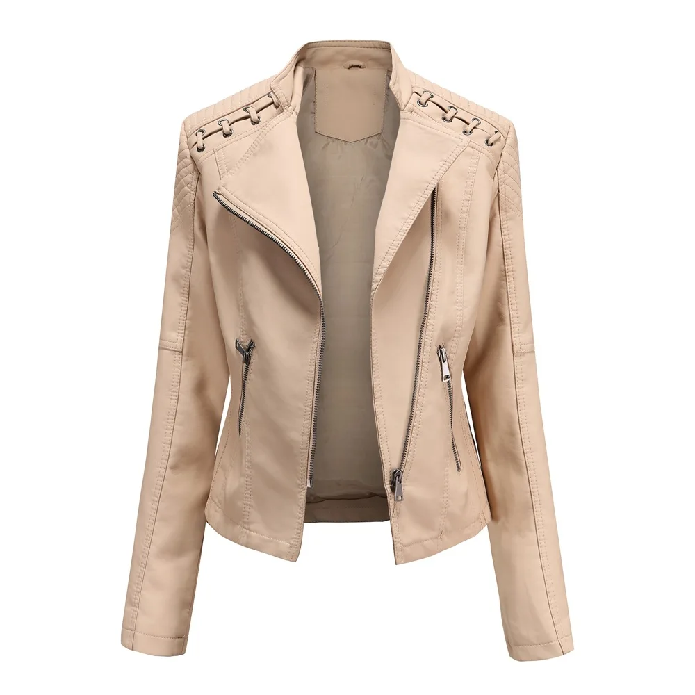 2023Spring Autumn Ladies Motorcycle Leather Jackets Women Turn-down Collar Zipper Slim Black Moto & Biker Jacket Female Leather
