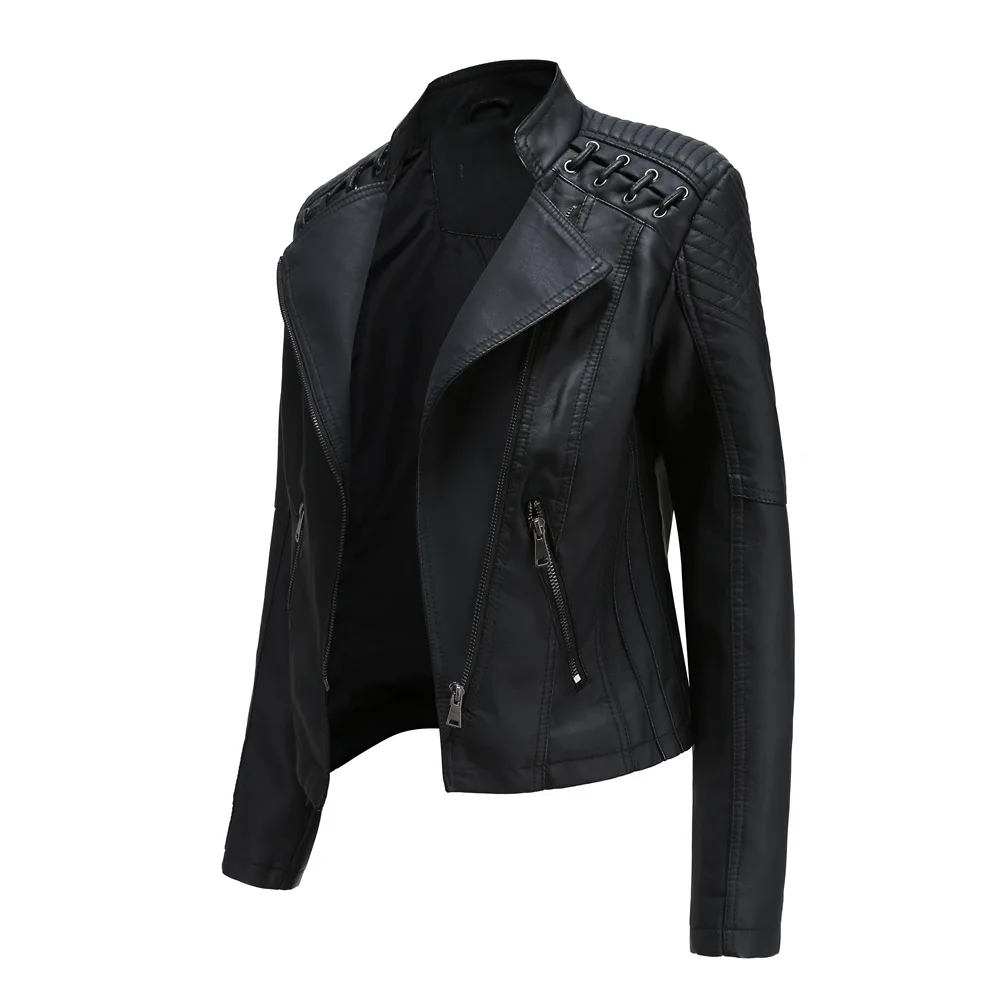 2023Spring Autumn Ladies Motorcycle Leather Jackets Women Turn-down Collar Zipper Slim Black Moto & Biker Jacket Female Leather