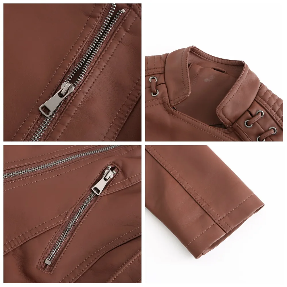 2023Spring Autumn Ladies Motorcycle Leather Jackets Women Turn-down Collar Zipper Slim Black Moto & Biker Jacket Female Leather