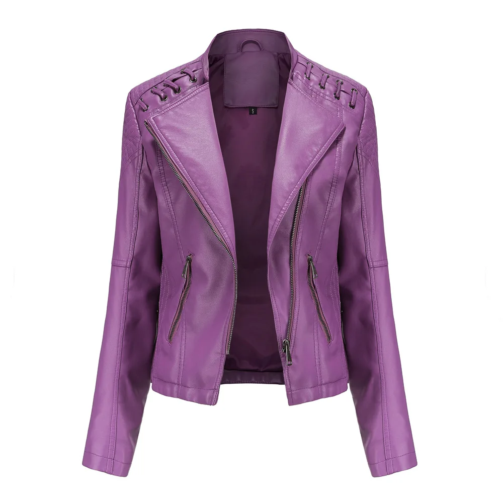 2023Spring Autumn Ladies Motorcycle Leather Jackets Women Turn-down Collar Zipper Slim Black Moto & Biker Jacket Female Leather