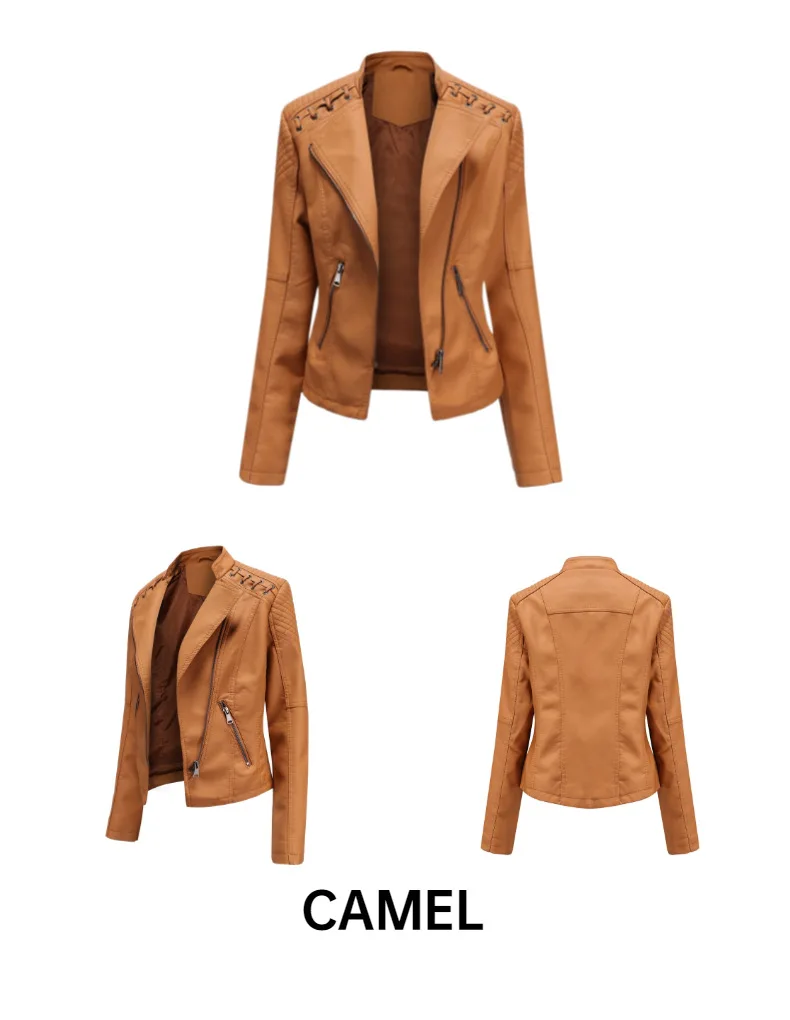2023Spring Autumn Ladies Motorcycle Leather Jackets Women Turn-down Collar Zipper Slim Black Moto & Biker Jacket Female Leather