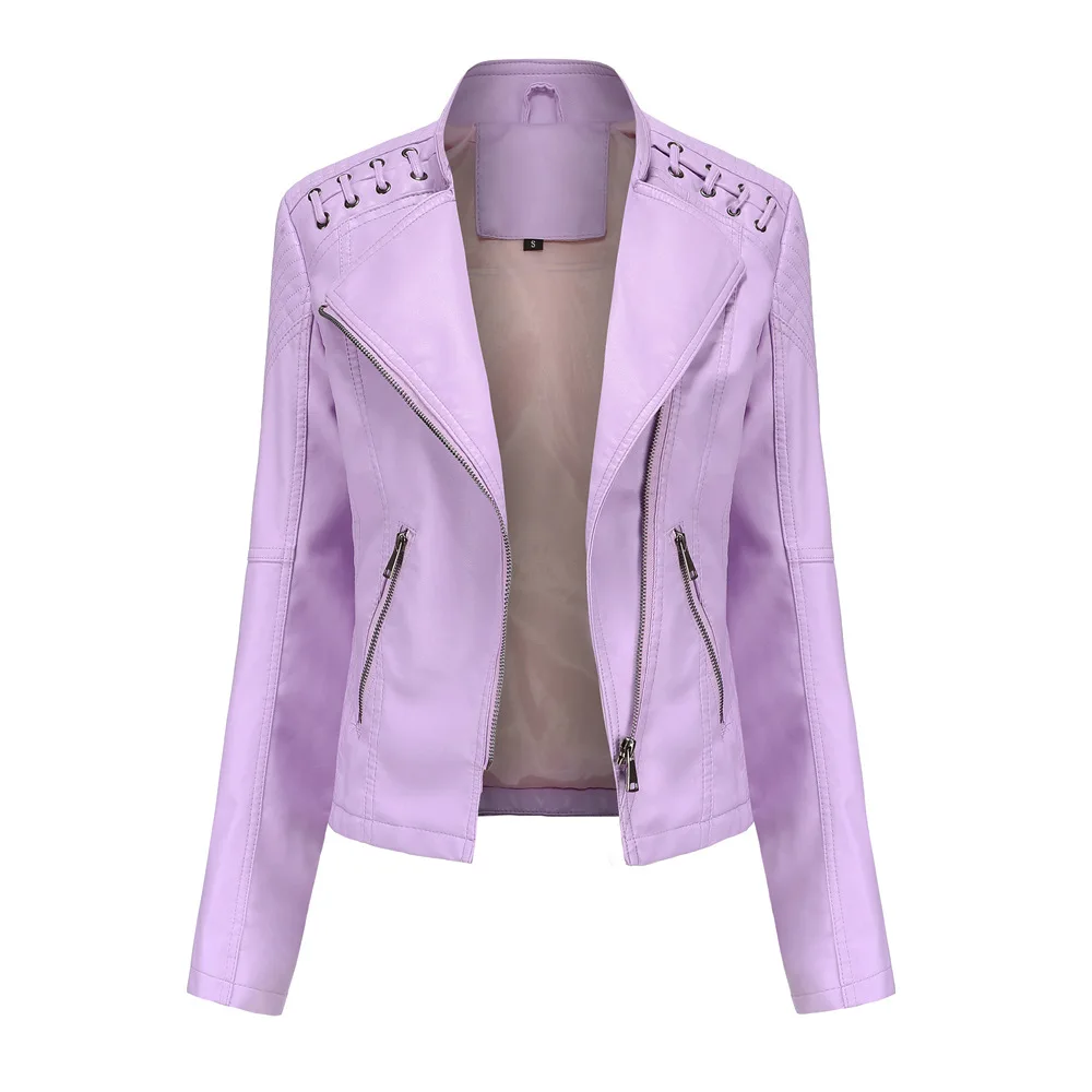 2023Spring Autumn Ladies Motorcycle Leather Jackets Women Turn-down Collar Zipper Slim Black Moto & Biker Jacket Female Leather