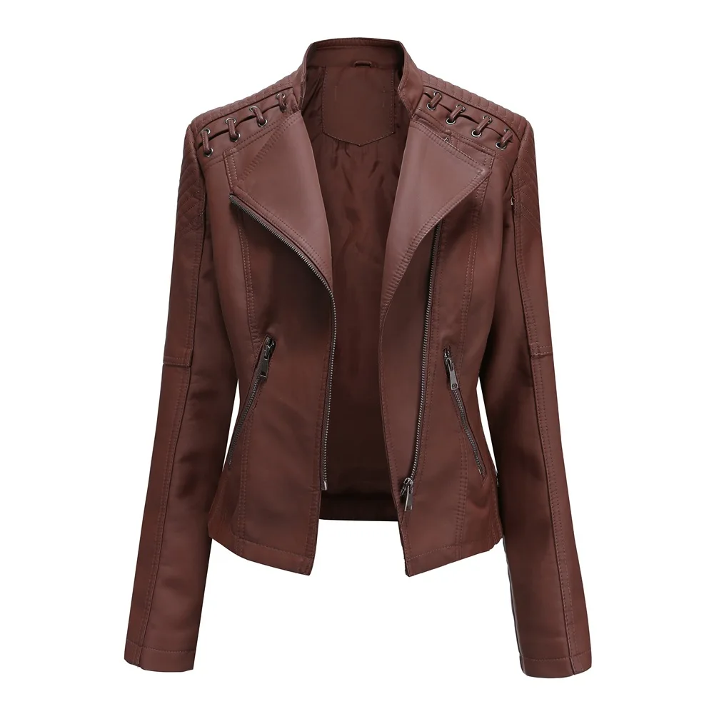 2023Spring Autumn Ladies Motorcycle Leather Jackets Women Turn-down Collar Zipper Slim Black Moto & Biker Jacket Female Leather