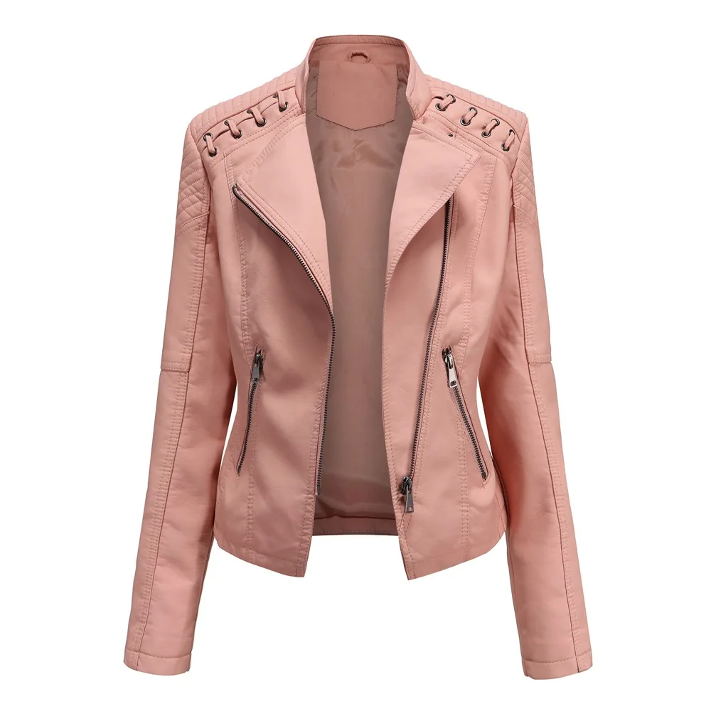 2023Spring Autumn Ladies Motorcycle Leather Jackets Women Turn-down Collar Zipper Slim Black Moto & Biker Jacket Female Leather
