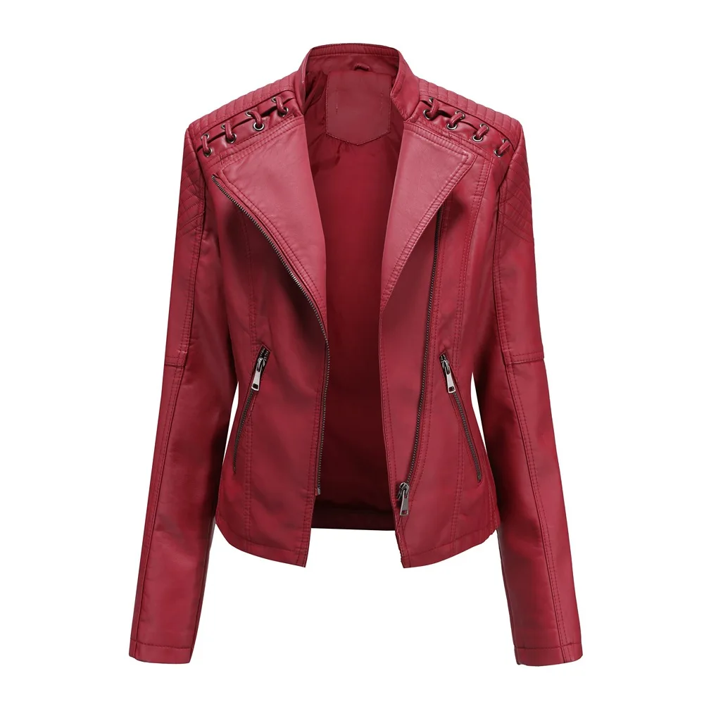 2023Spring Autumn Ladies Motorcycle Leather Jackets Women Turn-down Collar Zipper Slim Black Moto & Biker Jacket Female Leather