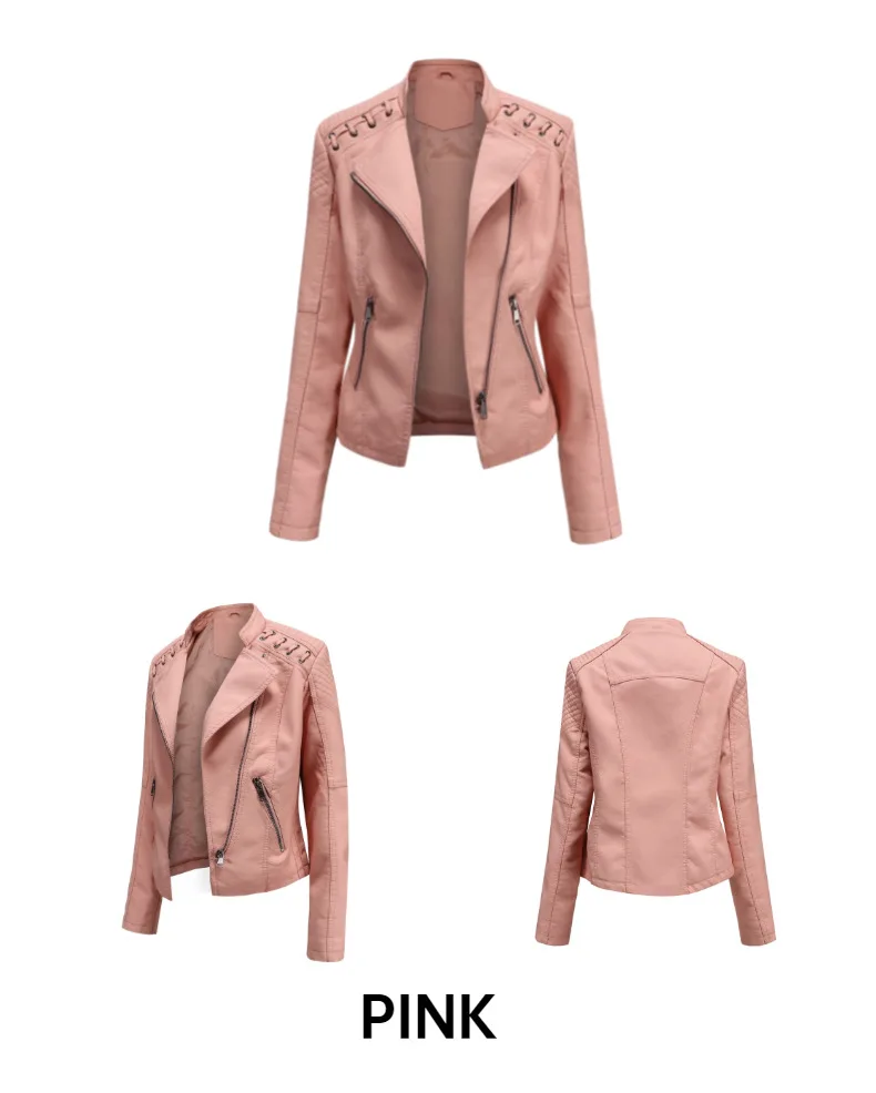 2023Spring Autumn Ladies Motorcycle Leather Jackets Women Turn-down Collar Zipper Slim Black Moto & Biker Jacket Female Leather